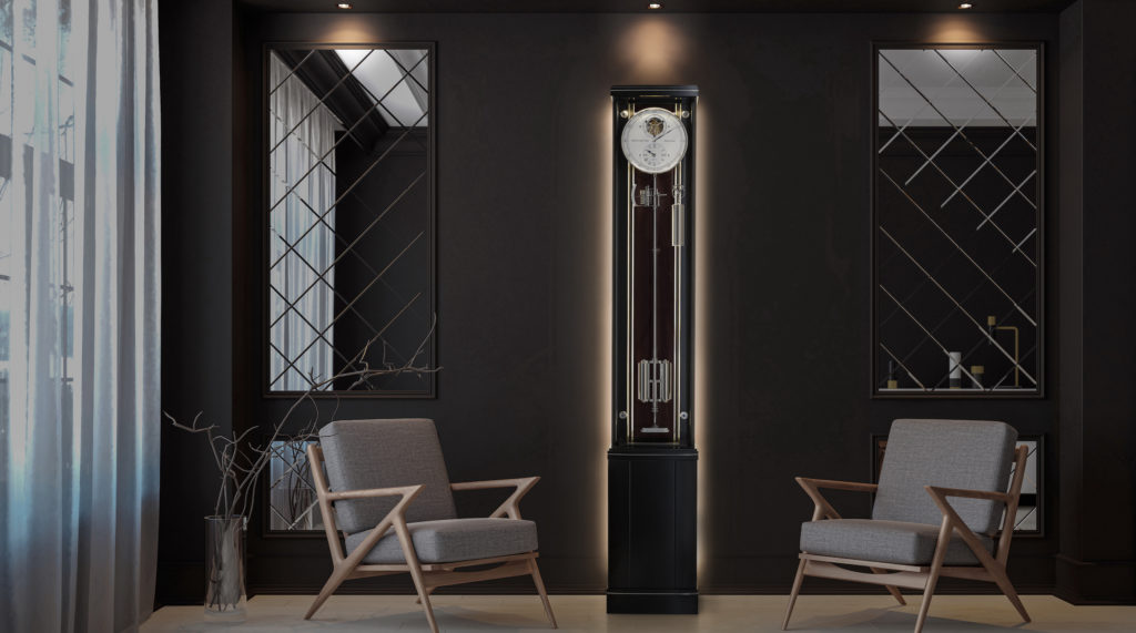 Classic black modern interior empty room with lounge armchairs, table and mirrors. 3d render illustration mock up. Erwin Sattler